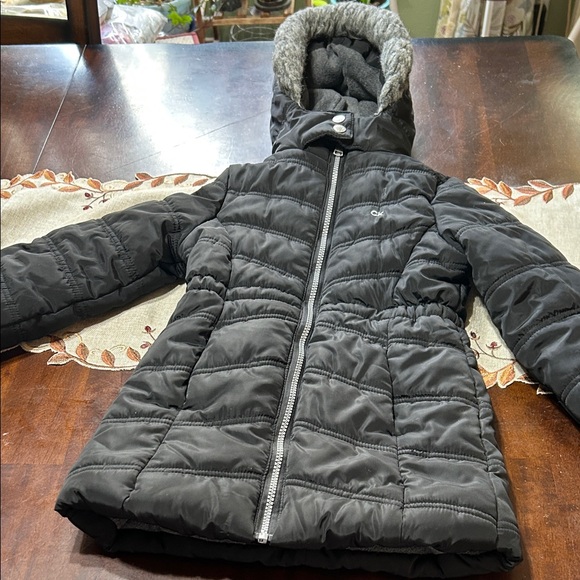 Calvin Klein Girls Long Length Hooded Puffer Jacket Fleece Lining Faux Fur Sz 4